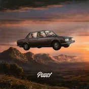 Surreal collage album cover for Puggy. A vintage brown BMW sedan floats mid-air over a mountain valley at sunset, with three people visible inside; below, rolling hills and a grassy foreground lead to the white script logo "Puggy" at the bottom center.