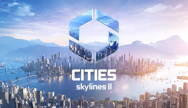 Key art for "Cities: Skylines II". An aerial view of a coastal city under a pale blue sky, with a river, bridges and distant mountains; a large hexagonal logo made of mirrored city panels floats at the centre above the title in white capitals.