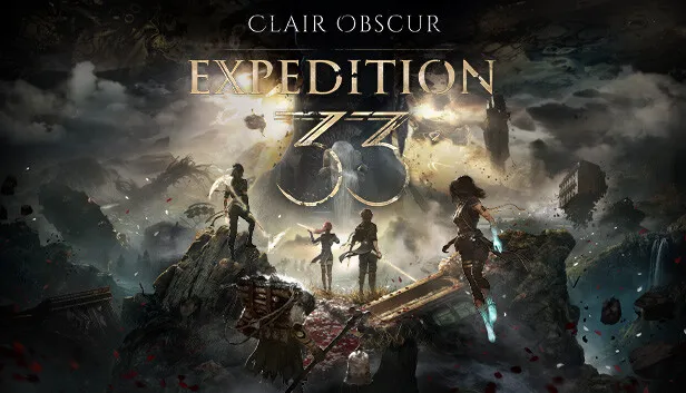Key art for "Clair Obscur: Expedition 33". Four figures stand on broken rocky outcrops in a golden, mist-filled ruined landscape with floating debris and distant towers; the title runs across the top in thin white capitals with a large ornate 33 behind the central characters.