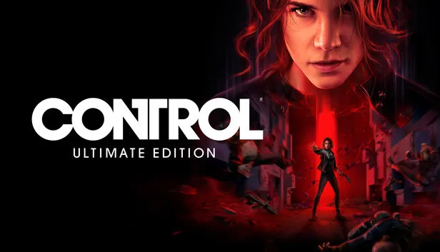 Key art for "Control". A red-haired woman's face fills the upper right in close-up against a black background; below her a smaller full-body figure aims a pistol inside a red-lit corridor with bodies and debris strewn around. The title sits at the left in large white capitals above a ULTIMATE EDITION line.