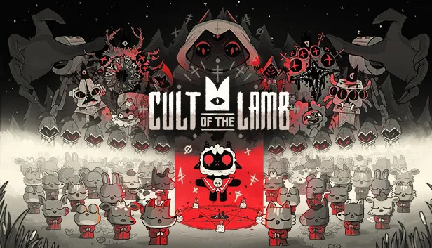 Key art for "Cult of the Lamb". A black-and-white cartoon scene: rows of hooded animal followers stand in a field facing forward, a small crowned lamb in a red-lit doorway at the centre below the title; larger horned and masked figures loom in the dark upper half, with red occult symbols scattered throughout.