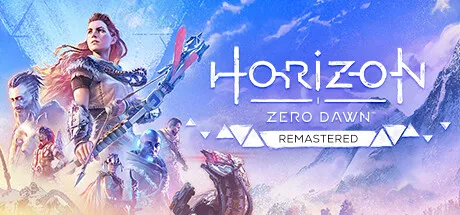 Key art for "Horizon Zero Dawn Remastered". A red-haired woman in tribal armour holds a bow at the left against a snowy blue-lit landscape; other figures and a large mechanical beast crowd the lower edge, with the title in white capitals at the right above a REMASTERED banner.