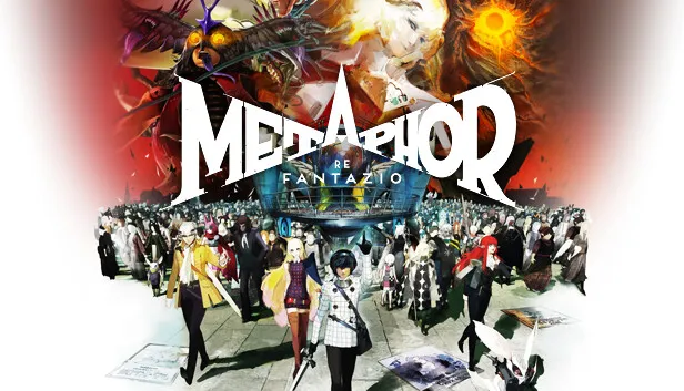Key art for "Metaphor: ReFantazio". A dense collage in red, teal and gold: masked and costumed figures crowd a plaza beneath a domed structure, with monstrous painted faces and a burning sun filling the upper band; the title is set across the centre in ragged white capitals with RE FANTAZIO beneath.