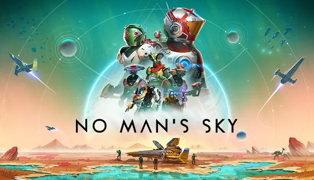 Key art for "No Man's Sky". A group of suited explorers in coloured helmets stands clustered at the centre, backed by a huge pale planet and a teal sky; small starships streak across on both sides, and an orange desert landscape with a docked ship runs along the bottom, the title in white capitals across the lower centre.