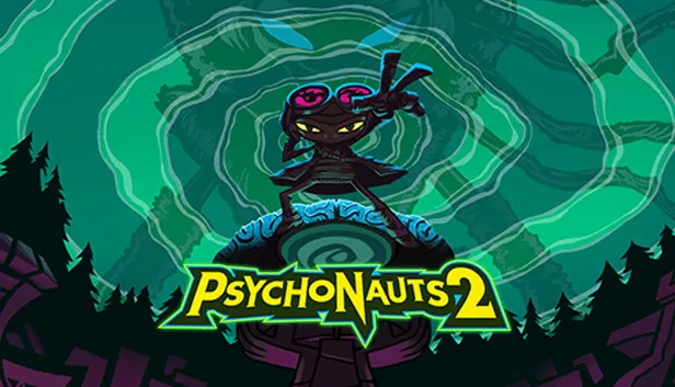 Key art for "Psychonauts 2". A goggled cartoon figure in a green helmet sits cross-legged on a stone platform, arms spread, against concentric green ripples radiating across a dark forest silhouette; the title is set at the bottom in yellow and green letters.