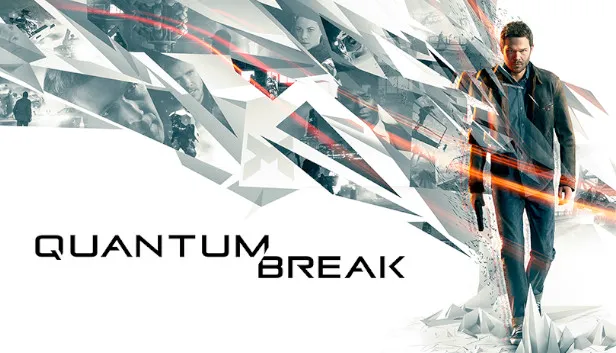 Key art for "Quantum Break". A man in a dark jacket walks forward at the right holding a pistol; a burst of white angular shards fans out across the frame behind him, shot through with orange streaks and small inset images of other characters, the title in grey capitals at the lower left.