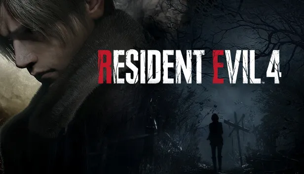 Key art for "Resident Evil 4". A young man with a fur-collared jacket looks off to the left in close-up on the dark left half; the title runs across the centre in white capitals with the R and E picked out in red; on the right, a lone figure walks a misty path towards a wooden cross among bare trees.