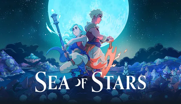 Key art for "Sea of Stars". Two illustrated young heroes stand back to back on a moonlit ridge, one holding a glowing blue staff and the other an orange blade; a large pale moon rises behind them over a dark teal landscape of crystals and trees, with the title in white serif capitals across the bottom.